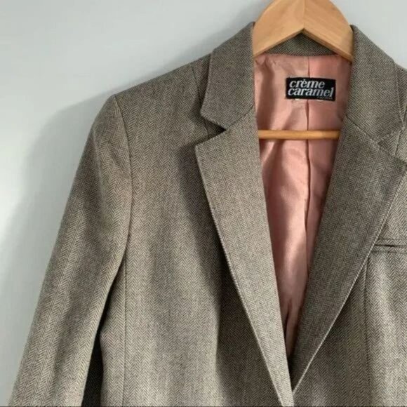 Vintage wool blazer herringbone oversized jacket Parisian preppy style Medium - Picture 2 of 8
